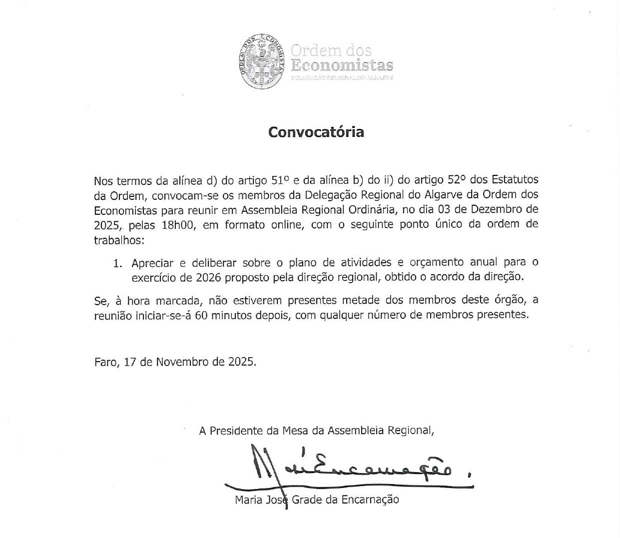 Convocatória DR Algarve - Assembleia Regional...